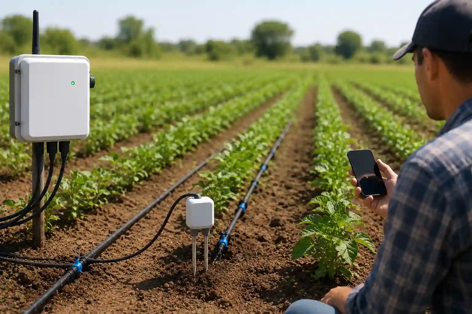 Farmer using a drip irrigation automation system with soil moisture sensors to monitor crop irrigation and maintain optimal soil moisture levels.