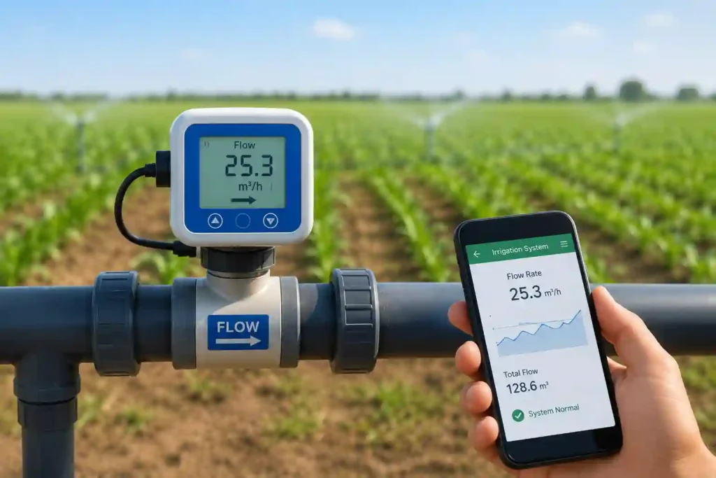 Farmer monitoring water flow in an irrigation pipeline using a digital flow meter to optimize water distribution across agricultural fields.