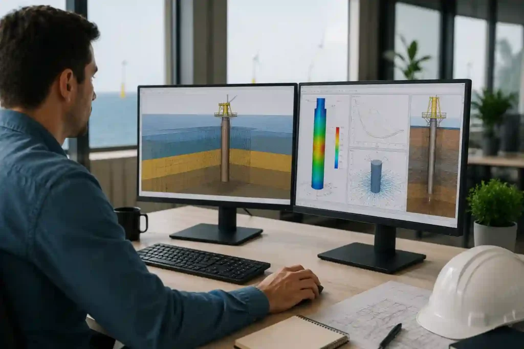 Engineer using PLAXIS Monopile Designer software on a workstation to analyze offshore wind turbine monopile foundations with 3D geotechnical models and soil interaction simulations.