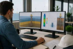 Engineer using PLAXIS Monopile Designer software on a workstation to analyze offshore wind turbine monopile foundations with 3D geotechnical models and soil interaction simulations.