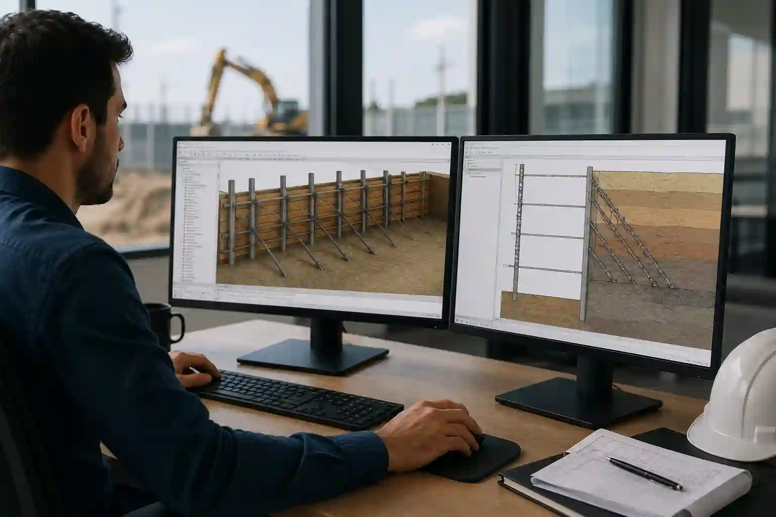 Structural engineer using shoring design software to create and analyze cantilever shoring systems with detailed excavation support models on a CAD workstation.