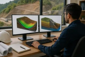 Geotechnical engineer using slope stability software to analyze hillside stability with 3D terrain models, soil layers, and safety factor calculations on a workstation.