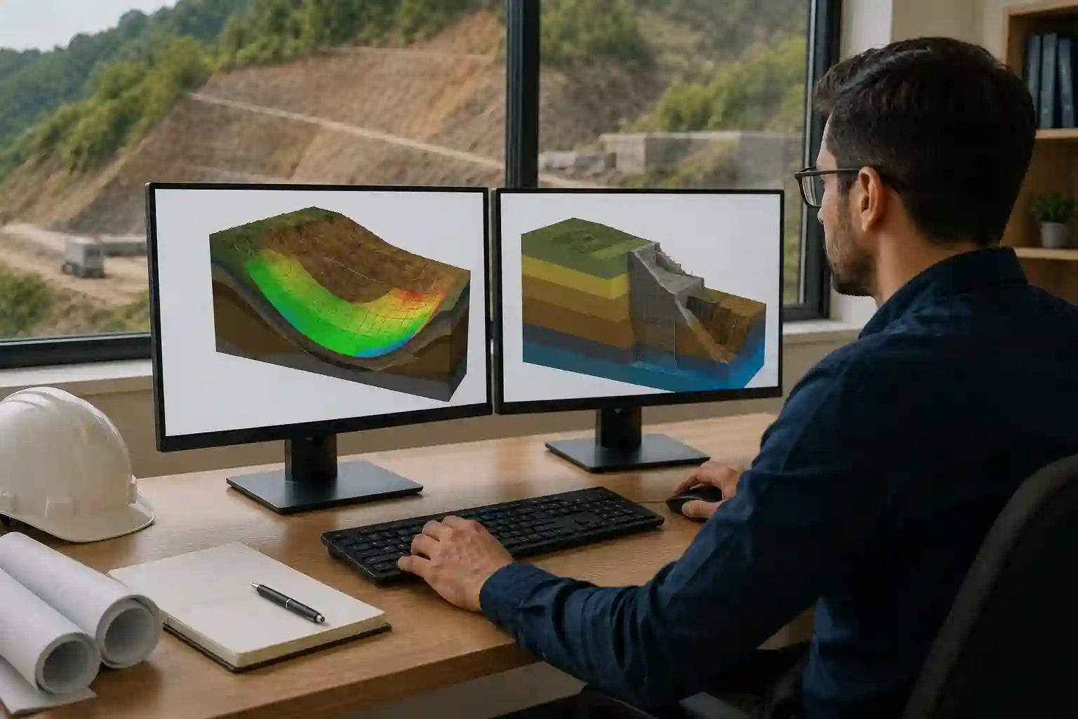 Geotechnical engineer using slope stability software to analyze hillside stability with 3D terrain models, soil layers, and safety factor calculations on a workstation.