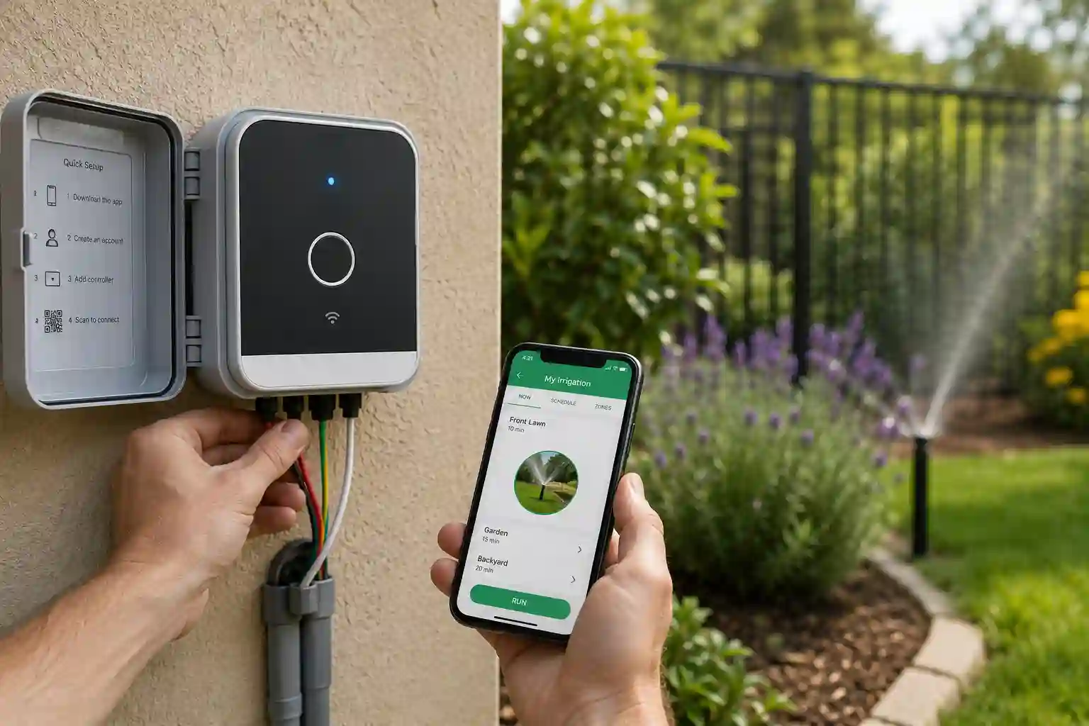 Homeowner installing a smartphone-controlled irrigation controller connected to a sprinkler system while monitoring watering schedules on a mobile app.