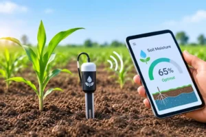 Farmer monitoring soil moisture levels using a digital soil moisture sensor in a crop field to optimize irrigation and improve plant health.
