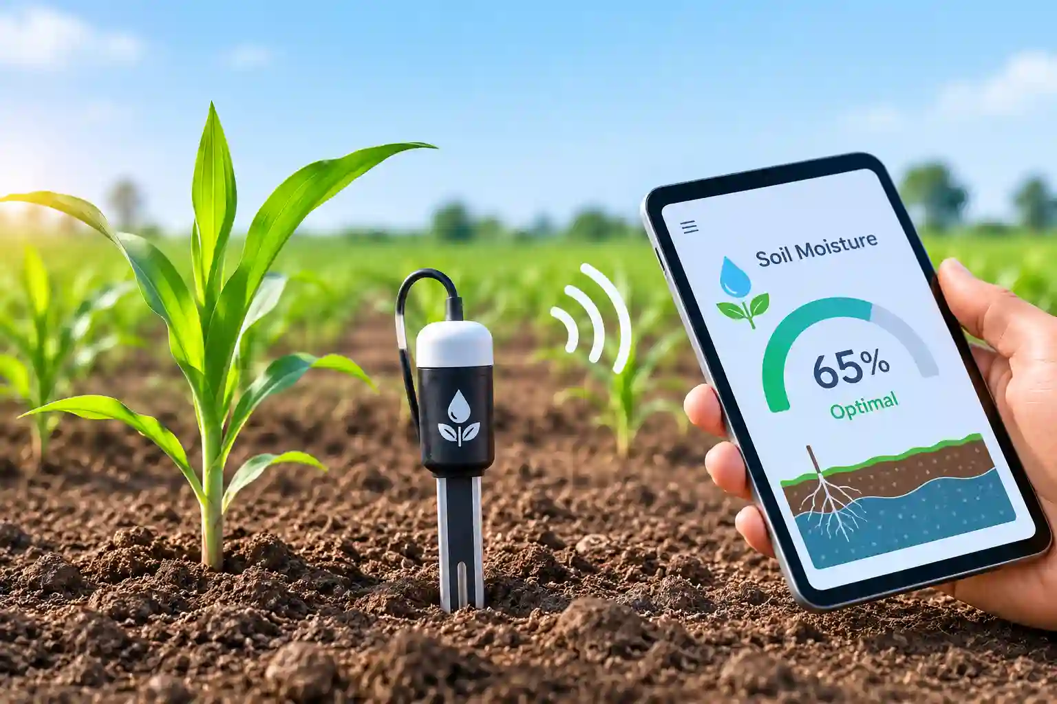 Farmer monitoring soil moisture levels using a digital soil moisture sensor in a crop field to optimize irrigation and improve plant health.