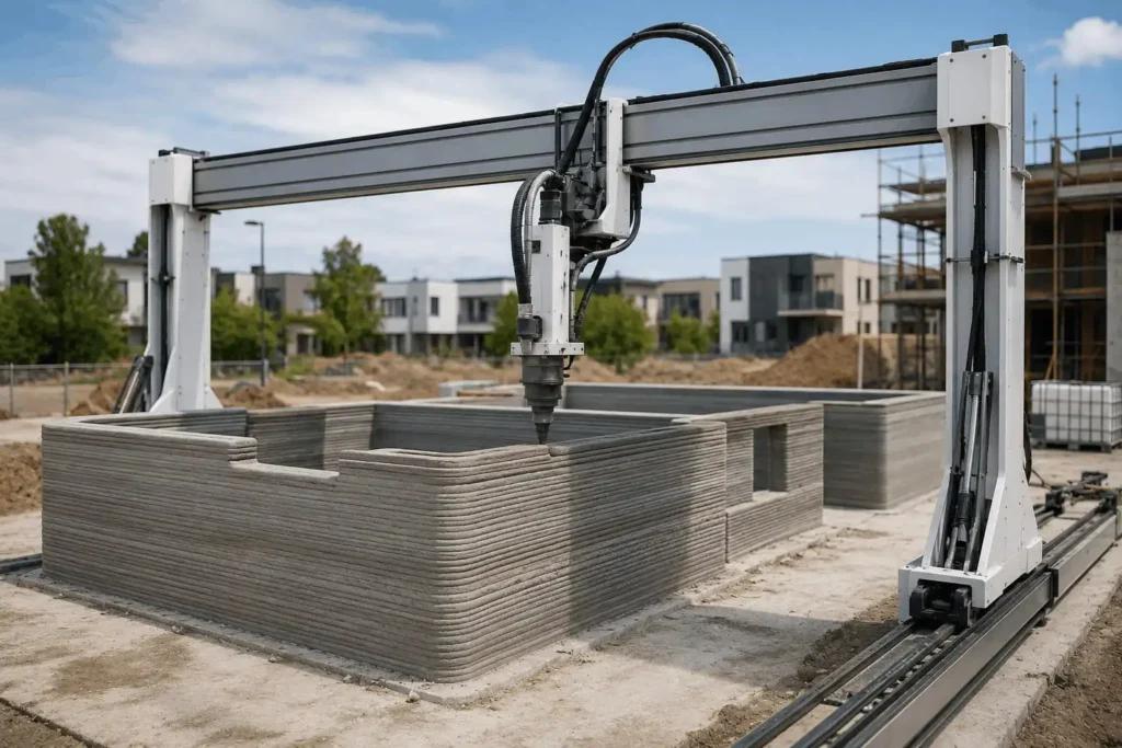 Large 3D construction printer depositing layers of concrete to build a structural wall on a modern construction site.