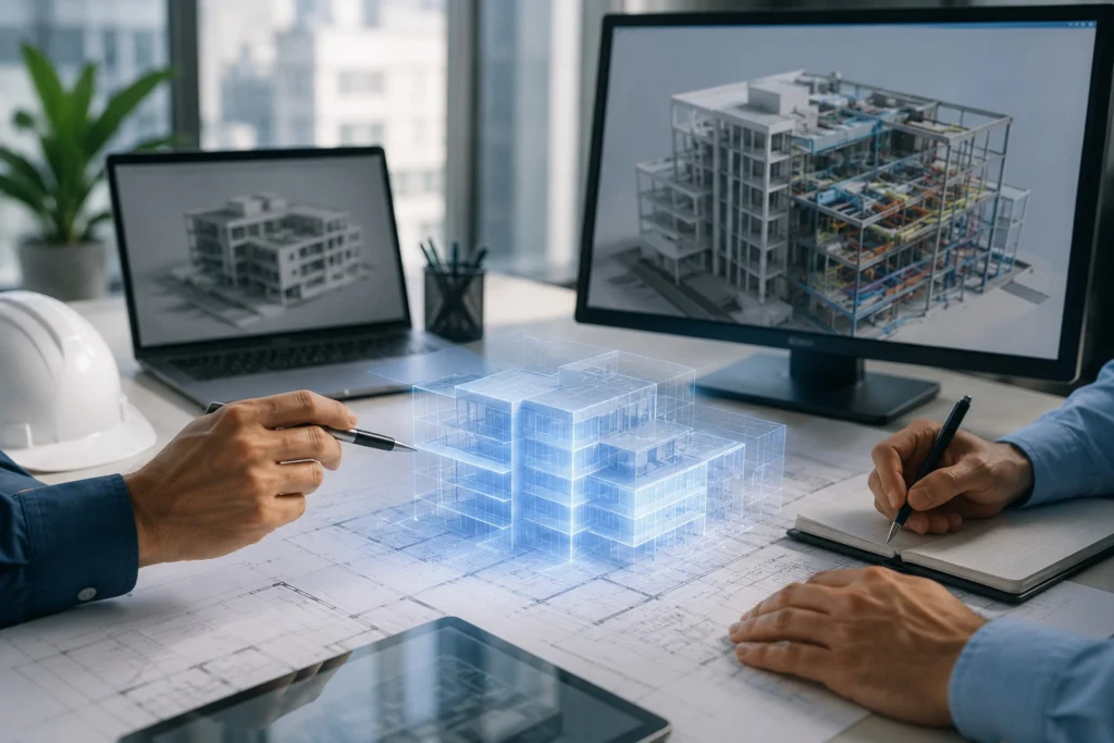 Architects and engineers reviewing a BIM model and digital building data to understand BIM standards, documentation, and data management.
