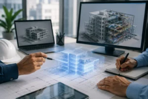 Architects and engineers reviewing a BIM model and digital building data to understand BIM standards, documentation, and data management.