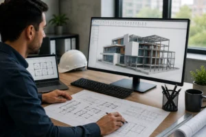 Architects and engineers using Revit software to create and coordinate a 3D BIM model for a modern construction project.