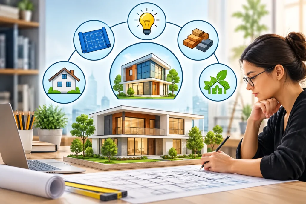 Architect reviewing architectural plans and a 3D building model while applying key principles of architectural design.