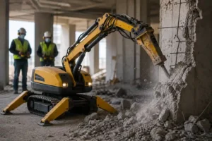 Brokk demolition robot breaking reinforced concrete inside a building while operators supervise the remote-controlled demolition process on a construction site.