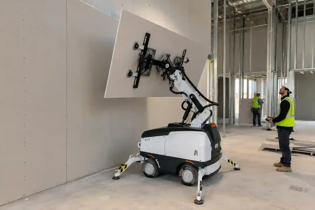 Canvas drywall robot installing and positioning drywall panels on a construction site while workers monitor the automated process.