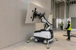 Canvas drywall robot installing and positioning drywall panels on a construction site while workers monitor the automated process.
