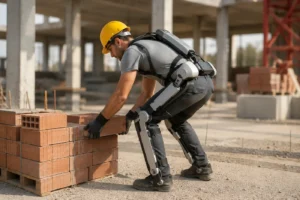 Construction worker wearing an ergonomic exoskeleton suit while performing lifting and overhead tasks on a building site.