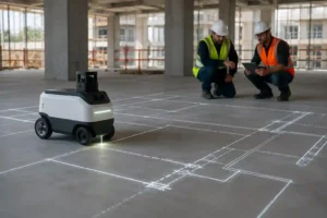 Dusty Robotics Field Printer autonomously marking construction layout lines on a concrete floor while engineers monitor digital building plans on a tablet.