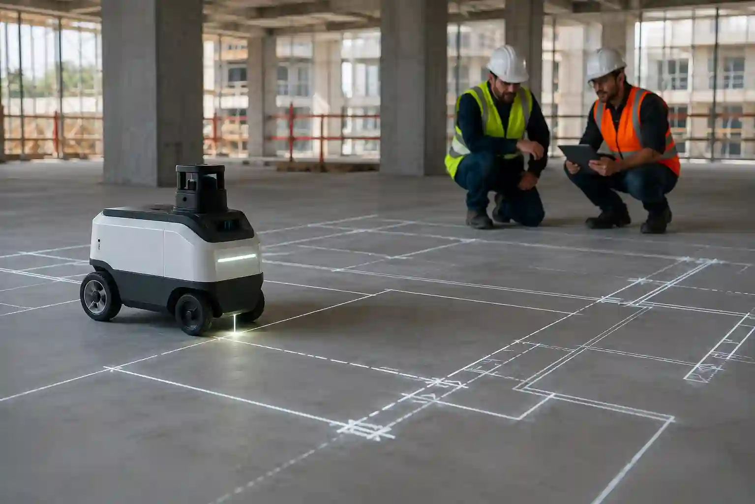 Dusty Robotics Field Printer autonomously marking construction layout lines on a concrete floor while engineers monitor digital building plans on a tablet.