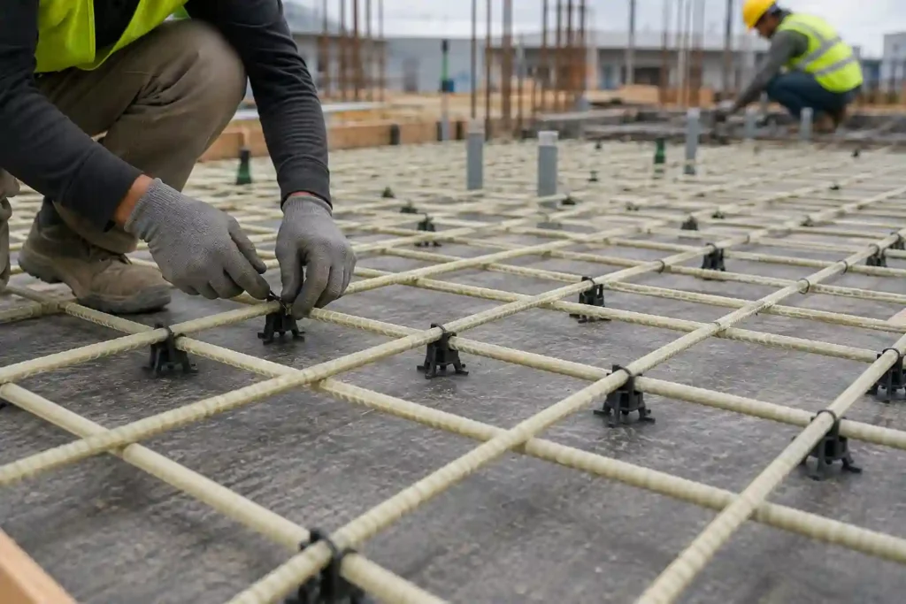 Workers placing and fastening fiberglass rebar within a concrete construction project while maintaining proper spacing, cover, and support.