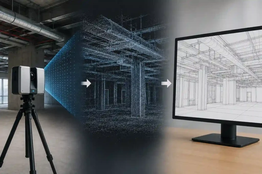 Laser scanner capturing a building interior and generating point cloud data for conversion into accurate CAD drawings.