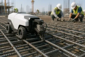 Autonomous rebar tying robot securing reinforcing steel bars on a construction site while engineers monitor progress during concrete reinforcement work.