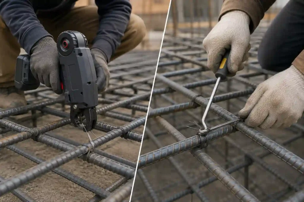 Construction worker comparing reinforcing steel tying tools and a wire tie twister while fastening rebar on a reinforced concrete construction site.