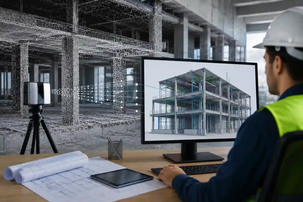Architect and engineer reviewing a 3D Scan to BIM model of an existing building to support construction and infrastructure planning.