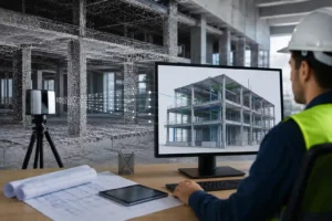 Architect and engineer reviewing a 3D Scan to BIM model of an existing building to support construction and infrastructure planning.