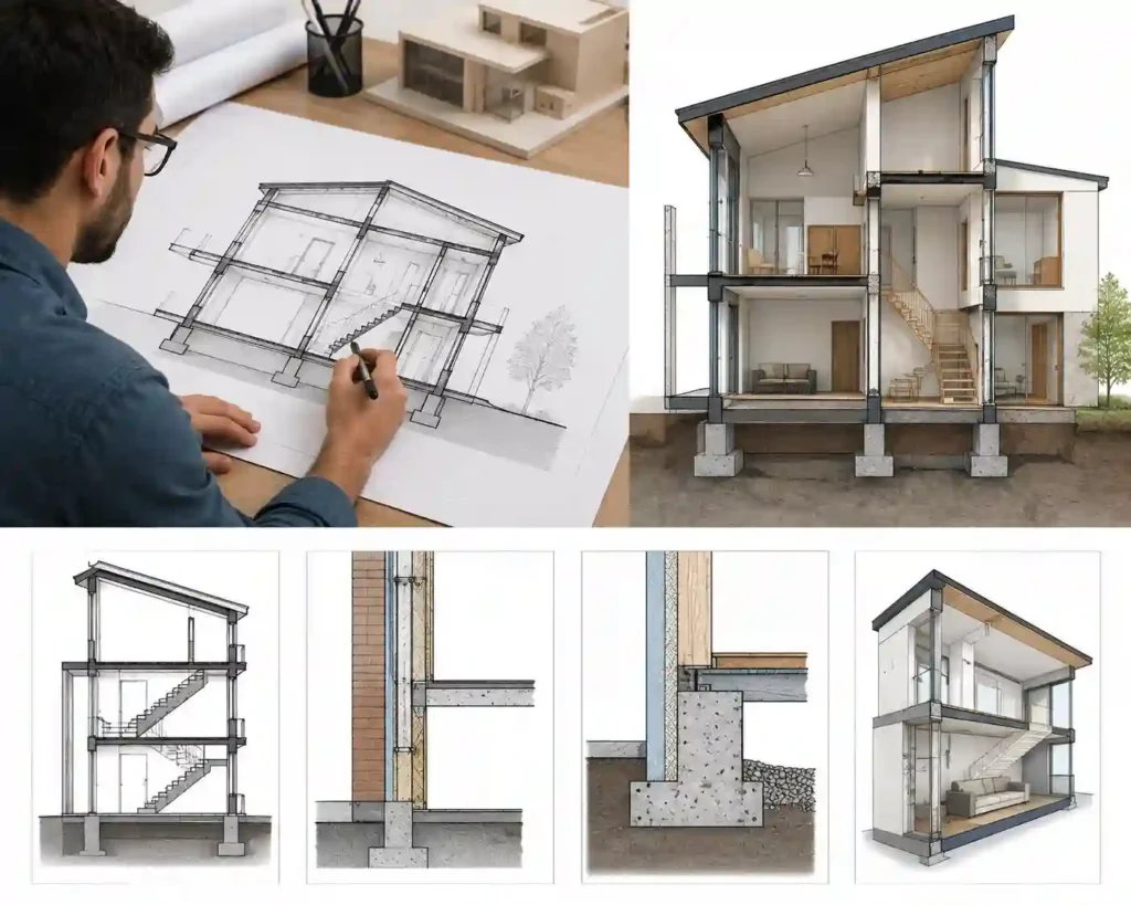 Architect reviewing a detailed building section drawing showing walls, floors, structural elements, and construction details.
