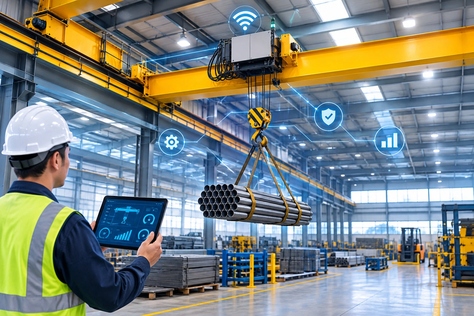 Smart EOT crane lifting steel materials inside a modern industrial facility with digital monitoring technology.
