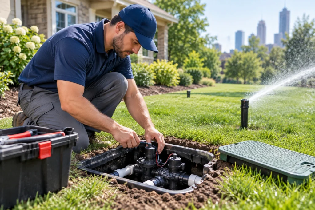 Technician repairing an Atlanta sprinkler system, inspecting irrigation pipes, sprinkler heads, and valves to assess repair needs and costs.