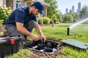 Technician repairing an Atlanta sprinkler system, inspecting irrigation pipes, sprinkler heads, and valves to assess repair needs and costs.