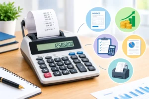 Printing calculator with a built-in paper roll for recording calculations, totals, business transactions, and financial records.