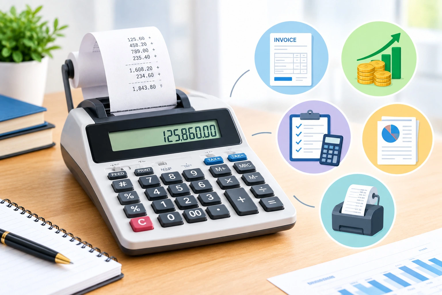 Printing calculator with a built-in paper roll for recording calculations, totals, business transactions, and financial records.