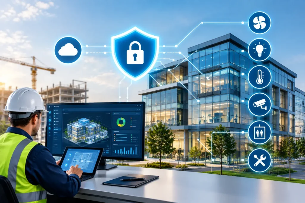 Building management system cyber security with a professional monitoring secure BMS networks, connected building systems, and digital maintenance controls.