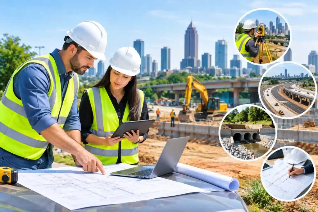 Civil engineering professionals in Atlanta reviewing infrastructure plans, site designs, and construction details for quality project delivery.