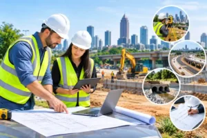 Civil engineering professionals in Atlanta reviewing infrastructure plans, site designs, and construction details for quality project delivery.