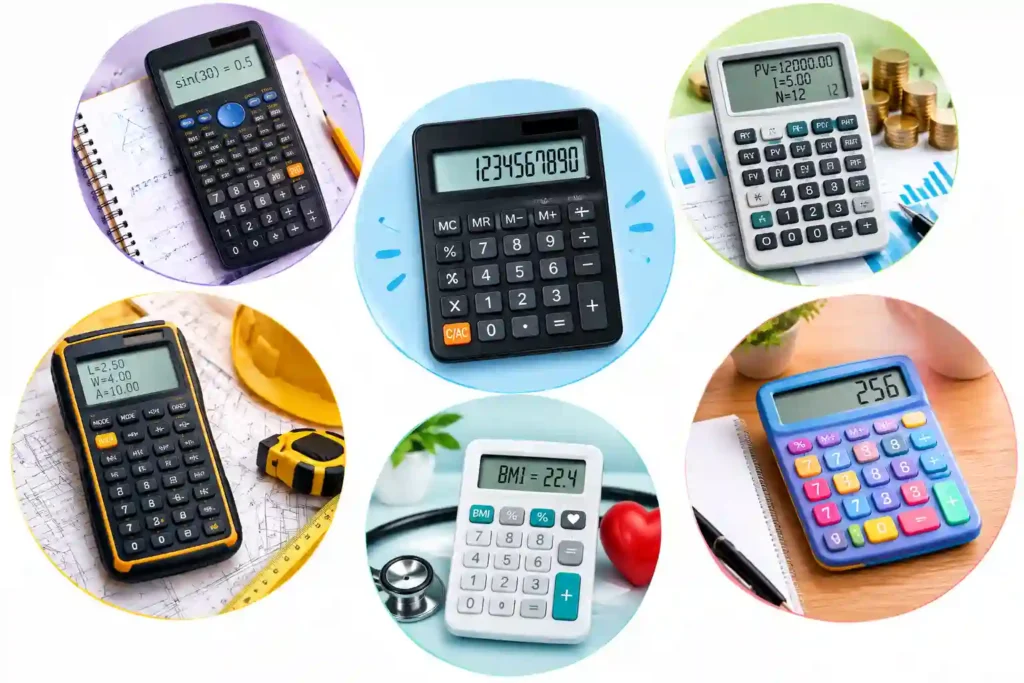 Collection of different types of calculators used for math, finance, health, construction, science, and everyday calculations.