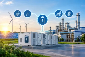 Energy storage systems supporting renewable energy and modern industrial infrastructure with battery storage and power management.