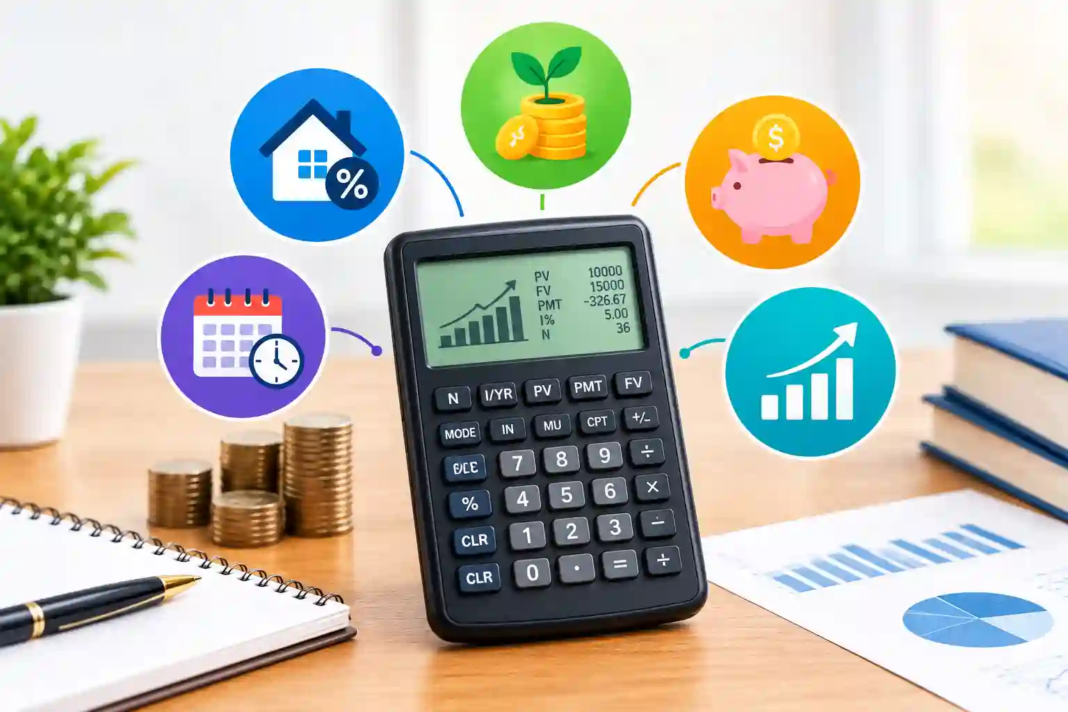Financial calculator showing calculations for loans, interest rates, investments, payments, and other personal finance decisions.