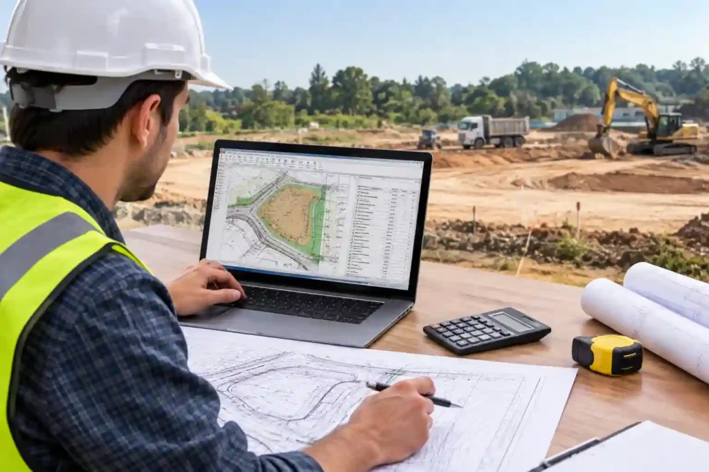 Estimator reviewing construction plans and sitework quantities for Georgia construction takeoff services and expert sitework estimating services.
