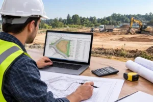 Estimator reviewing construction plans and sitework quantities for Georgia construction takeoff services and expert sitework estimating services.