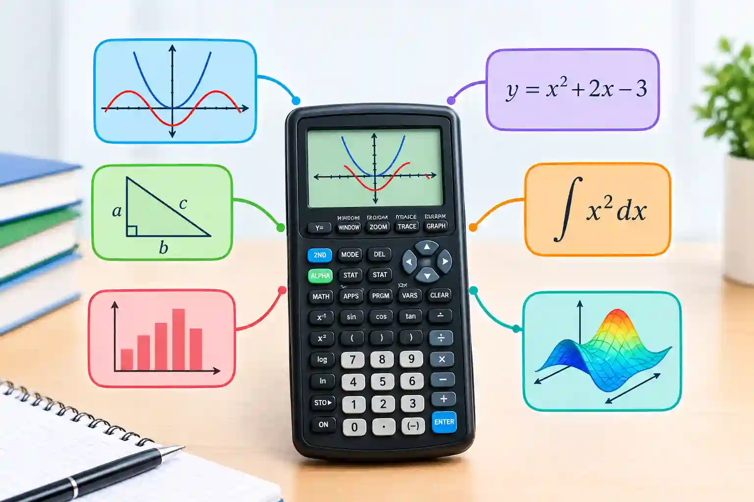 Graphing calculator displaying mathematical graphs and functions for advanced algebra, calculus, and data analysis.