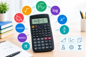 Scientific calculator with advanced functions for trigonometry, logarithms, powers, roots, and complex mathematical calculations.