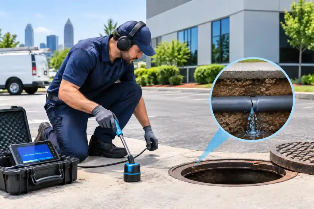 Professional technician using specialized equipment for sewer line leak detection at a commercial property in Atlanta, Georgia.