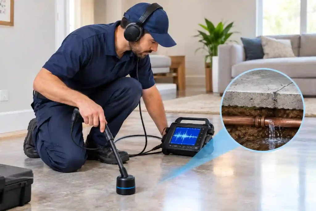 Professional inspecting a concrete slab for hidden water leaks using specialized leak detection equipment in Atlanta, Georgia.