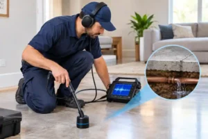 Professional inspecting a concrete slab for hidden water leaks using specialized leak detection equipment in Atlanta, Georgia.