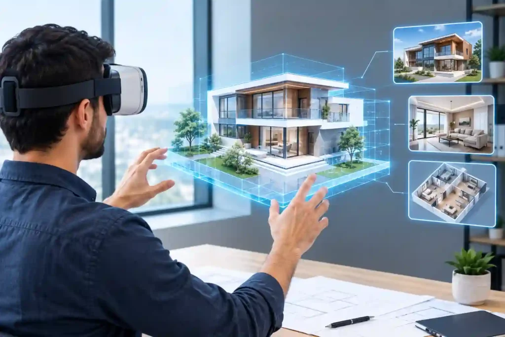 Architect using virtual reality software to explore an immersive 3D architectural model and visualize a building design in a virtual environment.