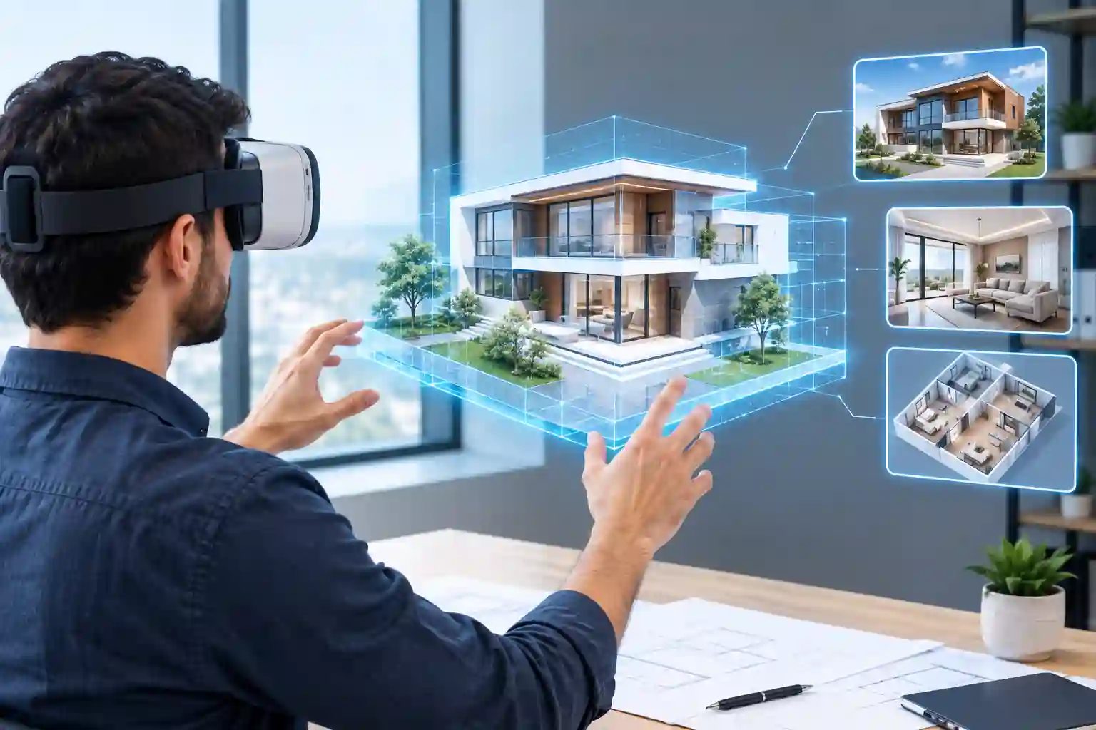 Architect using virtual reality software to explore an immersive 3D architectural model and visualize a building design in a virtual environment.