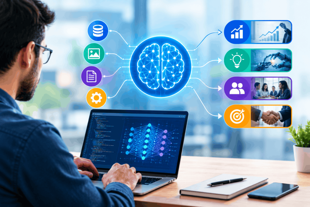 AI developer using a laptop to build deep learning models with neural networks, data processing, and AI-powered business analytics.