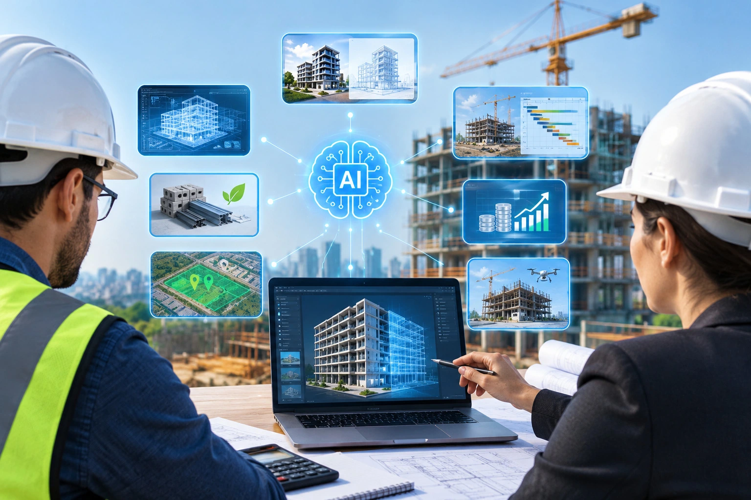 Construction engineers and contractors using generative AI to analyze building designs, optimize project planning, and improve construction workflows.